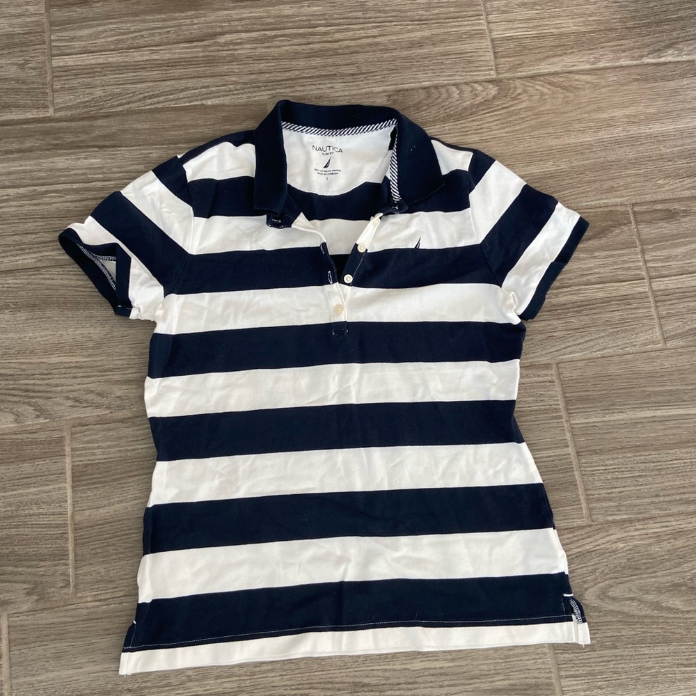 Nautical Polo Collared Shirt Short Sleeve Blue and White Stripes